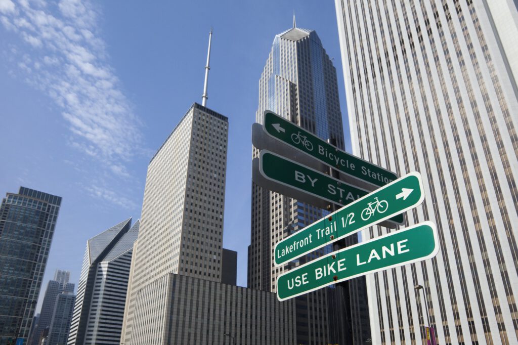 53809,Close up of road signs on Chicago city street, Chicago, United States