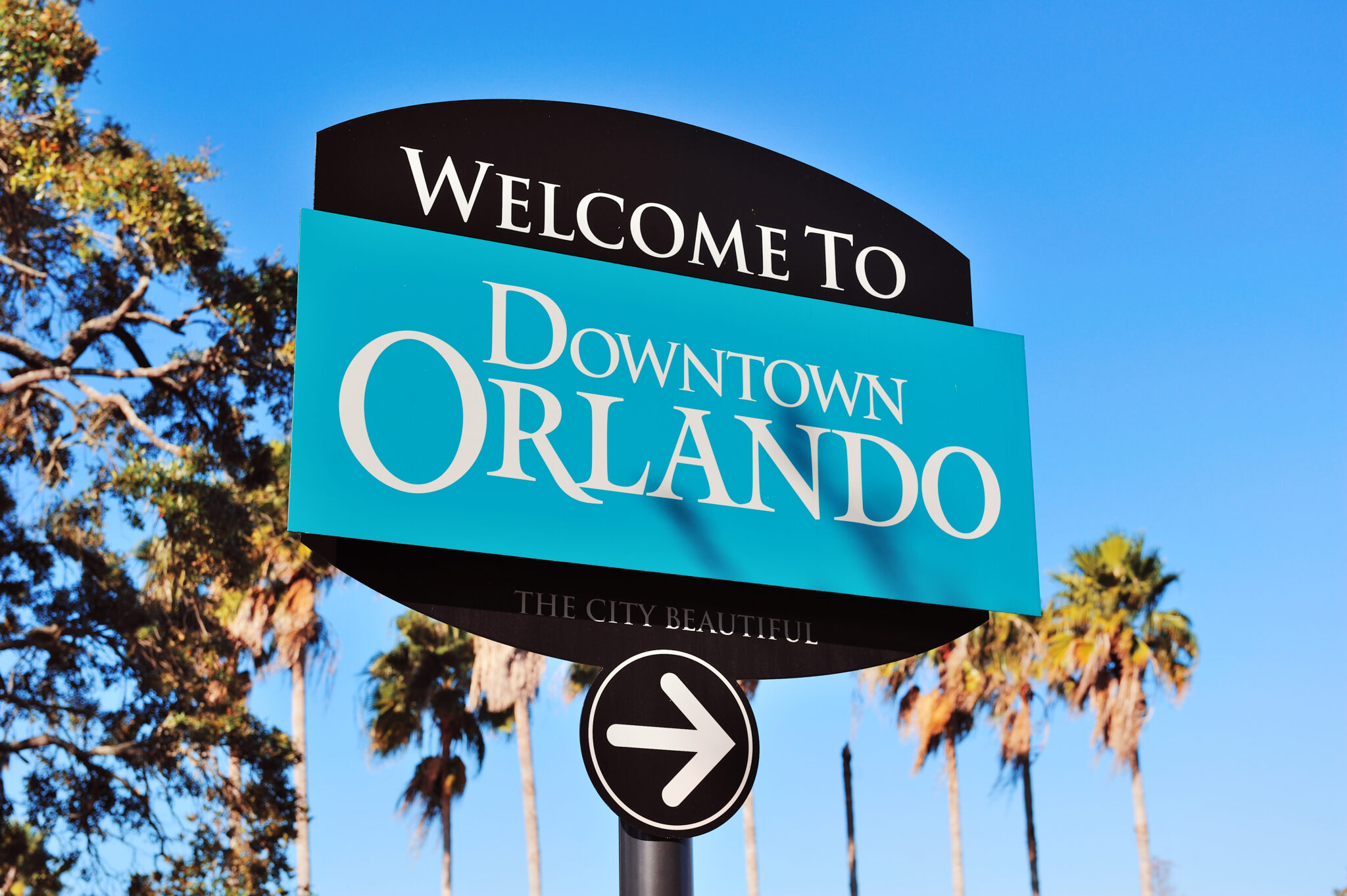 Willkommensschild von Downtown Orlando mit einer tropischen Szene, Palmen und blauem Himmel in Florida.