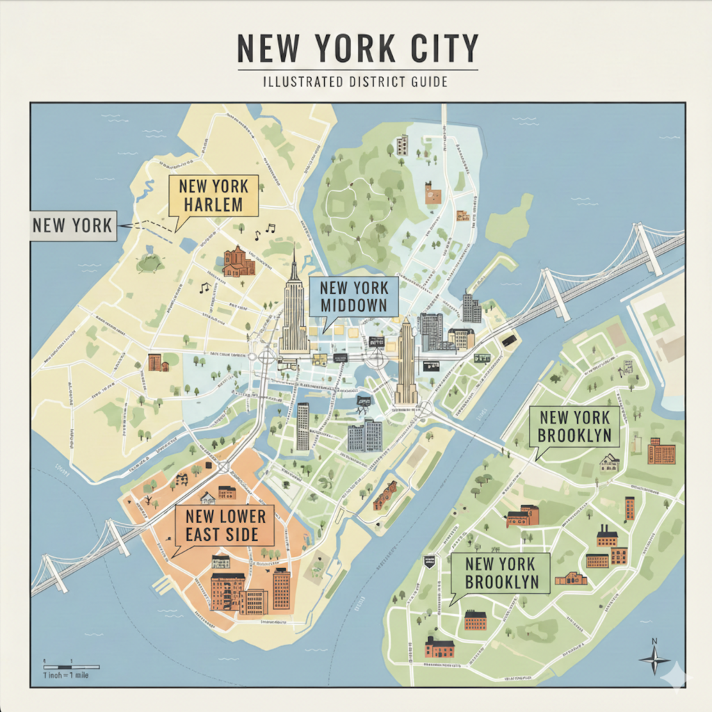Illustrative Karte von New York City mit hervorgehobenen Stadtteilen wie Midtown, Harlem, Brooklyn und der Lower East Side.
